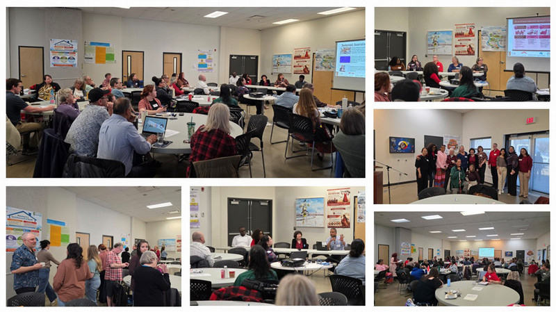 a collage of images from the event including pictures of the room and its participants, guest speakers at the podium and pictures of attendees viewing the research posters at the event