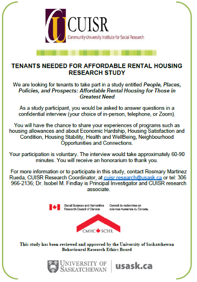 invite to participate in CUISR's People, Places, Policies, Prospects research. Call 306-966-2136 for more info.